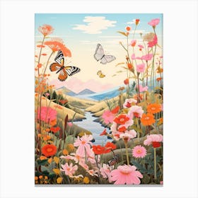 Butterflies In Wild Flowers Japanese Style Painting 7 Canvas Print
