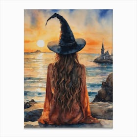 Watercolor Witch Sat by the Shore - Witchy Art Work of the Sun Setting on the West Coast - Pagan Wiccan Fairytale Art for Gallery or Feature Wall - Witches Hat, Burnt Orange By the Sea HD Canvas Print