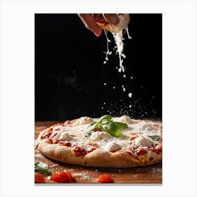 A Hand Stretching A Glistening Ball Of Pizza Dough Mid Action Flour Dusting In The Air From A Woode Canvas Print