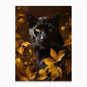 Black Panther In Autumn Leaves Canvas Print