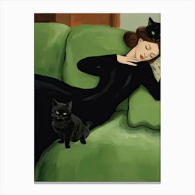 Decadent Young Woman After The Dance With Cats Canvas Print