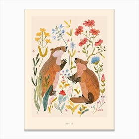 Folksy Floral Animal Drawing Beaver Poster Canvas Print