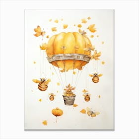 Bee Flying With Autumn Fall Pumpkins And Balloons Watercolour Nursery 4 Canvas Print