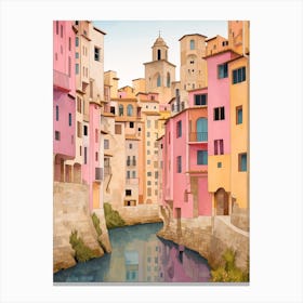 Girona Spain 2 Vintage Pink Travel Illustration Canvas Print