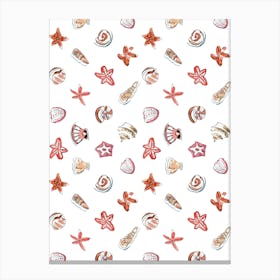 Sea Shells And Stars Pattern On White Background Canvas Print