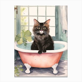 Black Cat In Bathtub Botanical Bathroom 1 Canvas Print