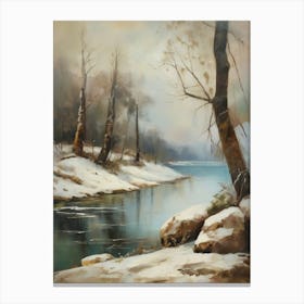 Ancient landscapes, old winter oil paintings and rocks around the lake bank. Snow is falling on the lake, old colors.2 2 Canvas Print