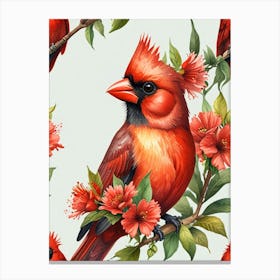 Red Cardinals And Flowers Canvas Print