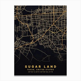 Sugar Land Texas USA Black And Gold Map Canvas Print