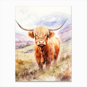 Curious Highland Cow In Field With Rolling Hills Watercolour 7 Canvas Print