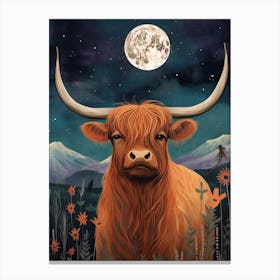 Highland Cow In Moonlight Textured Illustration 3 Canvas Print