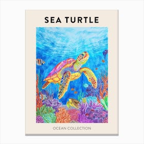 Colourful Sea Turtle Exploring Deep Into The Ocean Crayon Doodle Poster 2 Canvas Print