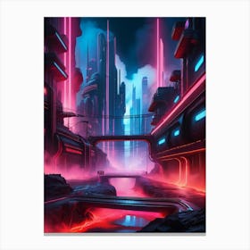 Cyberpunk industrial city with lava and river Canvas Print