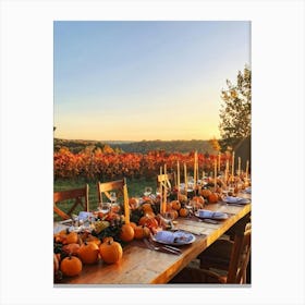 An Autumnal Thanksgiving Dinner Setting Where The Wooden Table Basks Under Golden Afternoon Sun A (7) Canvas Print