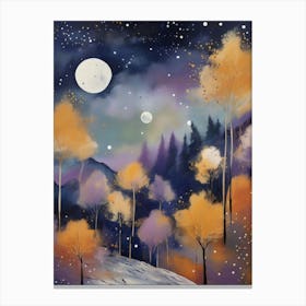 Cosmic Fall Night،
An ethereal boho painting that captures the beauty of a fall night sky. The background is a deep navy, speckled with tiny stars, while the foreground features silhouettes of autumn trees in shades of charcoal and dark olive. The moon is painted in a glowing silver, surrounded by soft wisps of mist in pale gold and lavender.
.9 Canvas Print