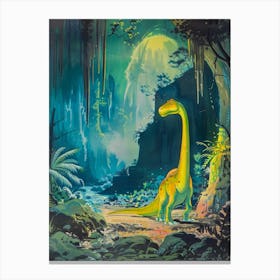 Cute Dinosaur In A Cave At Night Vintage Storybook Style Canvas Print