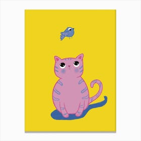 Pink Cat Blue Bird Canvas Print