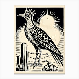 B&W Bird Linocut Roadrunner 1 Canvas Print