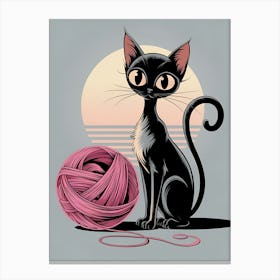 Black Cat With Pink Yarn Canvas Print