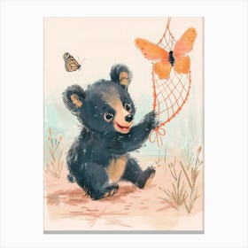 American Black Bear Cub Playing With A Butterfly Storybook Illustration 3 Canvas Print