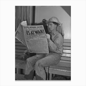Workman At Shasta Dam Reads War Extra, Shasta County, California By Russell Lee Canvas Print