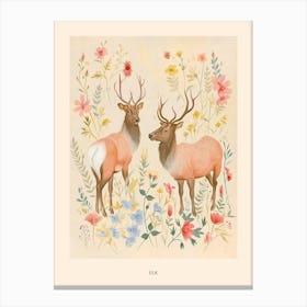 Folksy Floral Animal Drawing Elk 3 Poster Canvas Print