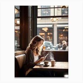 Modern Woman Engrossed In Her Tablet While Seated At A Rustic Wooden Table Inside A Bustling Urban C (1) Canvas Print