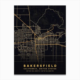 Bakersfield California USA Black And Gold Map Canvas Print