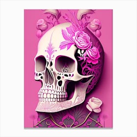 Skull With Surrealistic Elements 6 Pink Line Drawing Canvas Print