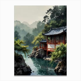 Asian House By The River Canvas Print