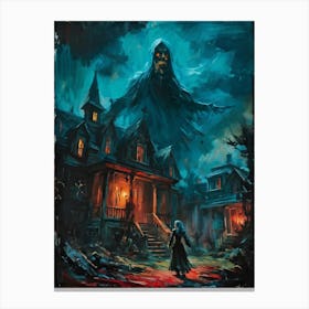 Showcasing A Startling Array Of Vintage Horror Art The Scene Unveils A Chaotic Amalgamation Of Thri (4) Canvas Print