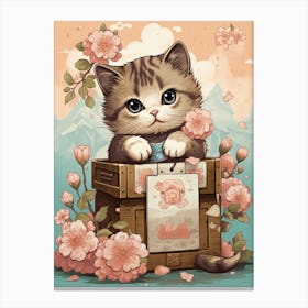 Kawaii Cat Drawings Collecting Stamps 1 Canvas Print
