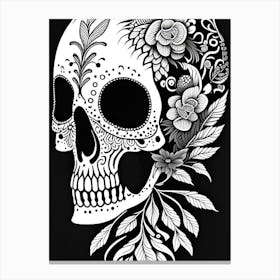 Skull With Bird Motifs Black And White Doodle Canvas Print