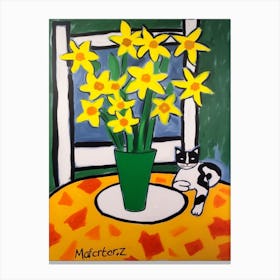 Painting Of A Still Life Of A Daffodils With A Cat In The Style Of Matisse 4 Canvas Print