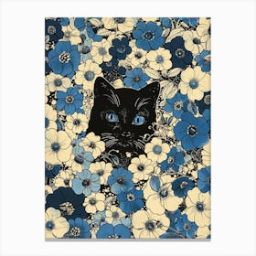 Black Cat In Blue Flowers 8 Canvas Print