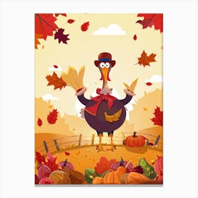 Cartoon Style Illustration Of A Cheerful Turkey Character Donning A Pilgrim Hat Amidst A Fall Harves Canvas Print