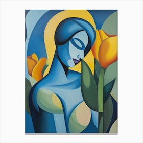 Blue Woman With Tulips Canvas Print