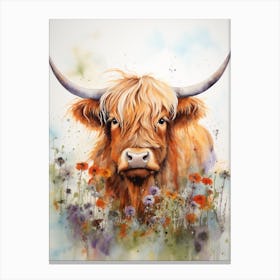 Highland Cow In Wildflower Field Watercolour 2 Canvas Print