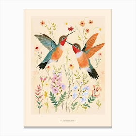 Folksy Floral Animal Drawing Humingbird 3 Poster Canvas Print