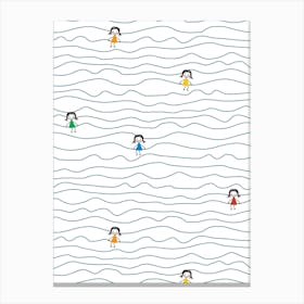 Rainbow Doodle Girls Stick Figures on Wavy Lines Canvas Print