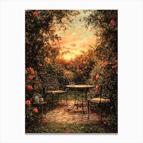 Serene Vintage Garden With Wrought Iron Furniture – Romantic Sunset Wall Art Print Canvas Print