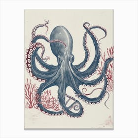 Red & Blue Octopus Retro Linocut Inspired 3 Canvas Print