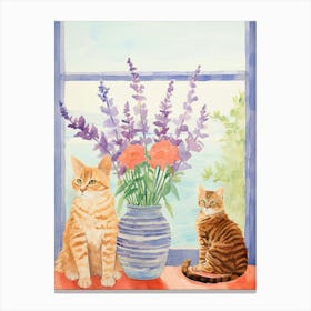 Cat With Lavender Flowers Watercolor Mothers Day Valentines 1 Canvas Print