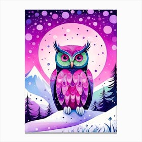 Pink Owl Snowy Landscape Painting (124) Canvas Print