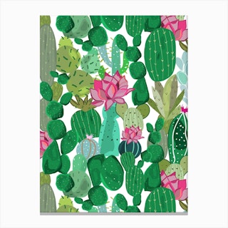 Cactus And Succulent Tropical Flowers Pattern Canvas Print