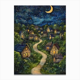 Village At Night With Stars and Moon In The Sky 10 Canvas Print