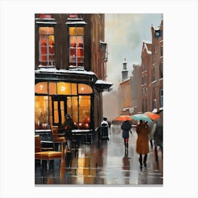 Amsterdam cafes, winter season, winter oil colors, pedestrians in the street, winter clothes, rain falling, Amsterdam print, Netherlands print, travel gift, Netherlands poster.43 1 Lienzo