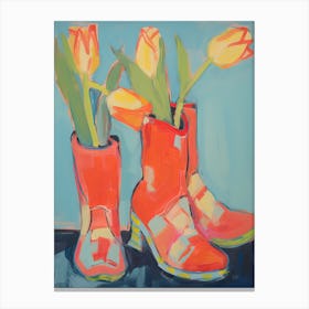 Painting Of Tulips Flowers And Cowboy Boots, Oil Style 2 Canvas Print