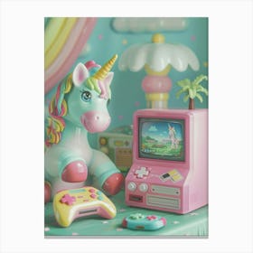 Toy Unicorn Pastel Playing Video Games 2 Canvas Print