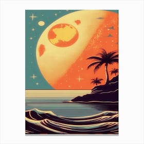 Moon Ocean Palm Tree 1970s Retro Motif Canvas Print